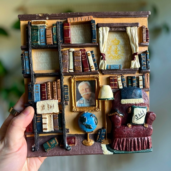 3D Library Scene Picture Frame Book Nook Decor with Chair, Globe & Bookshelves - Picture 1 of 9